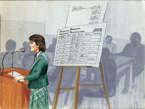 This courtroom sketch depicts Donna Congeni Fitzsimmons, a young federal Organized Crime Strike Force attorney who was the lead prosecutor in the 12-week trial of Cleveland Mafia acting boss Angelo Lonardo and five associates in 1983. She and her team convicted all six defendants on drug trafficking charges, and they all received life sentences.