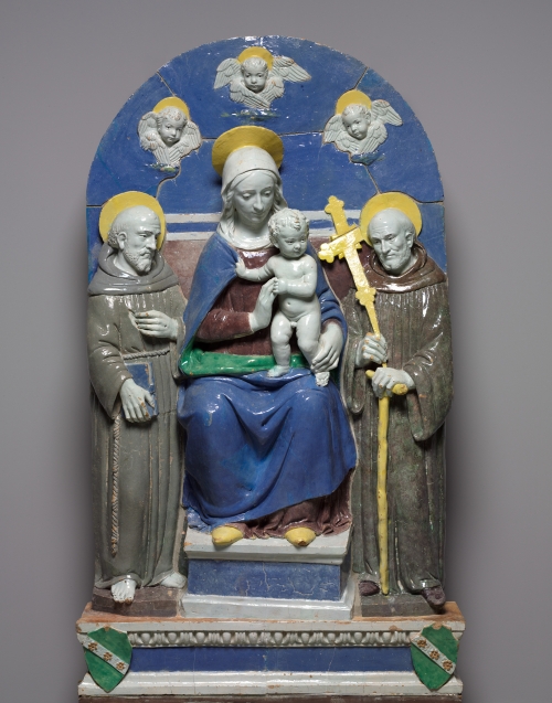 Madonna and Child Enthroned with Saints Francis and Giovanni Gualberto | Glazed terracotta (68-1/2 x 37-3/4 inches), about 1510-20 | Benedetto Buglioni | Italian, Florence, 1461-1521 | The Cleveland Museum of Art, | Gift of J.H. Wade  1921.1180