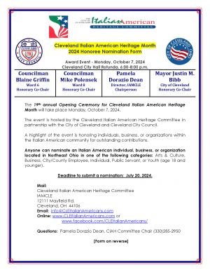 Call for Honoree Nominations for 2024 Cleveland  Italian American Heritage Month